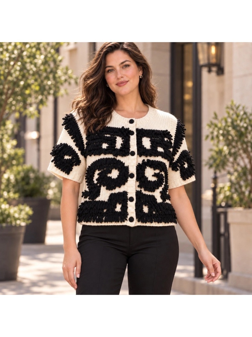 Charlie & Robin Women S Cardigan Cream Black Shaggy Wool Anthropologie